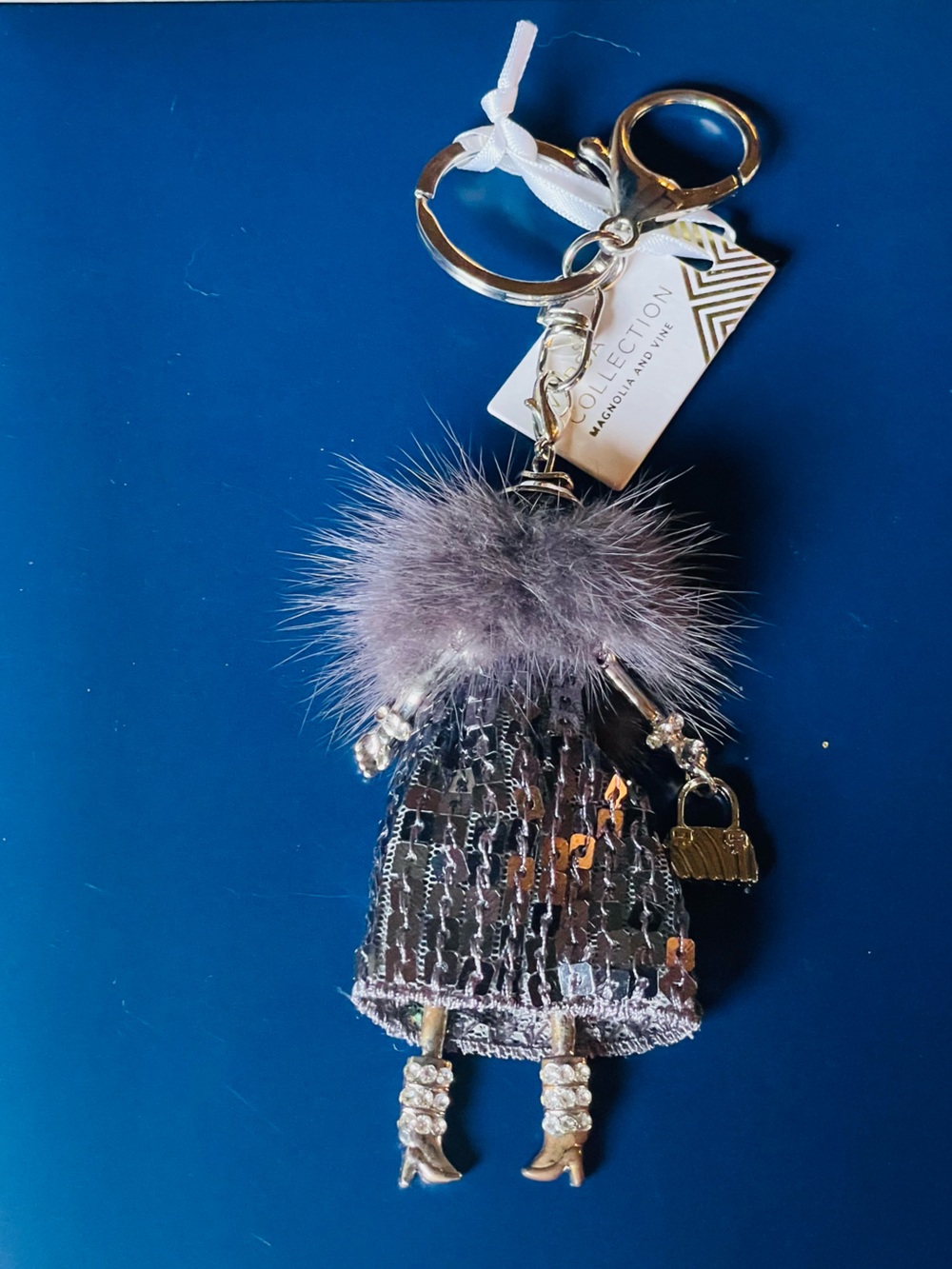 Magnolia Gray Faux Fur & Silver Sequin Doll Keychain Charm